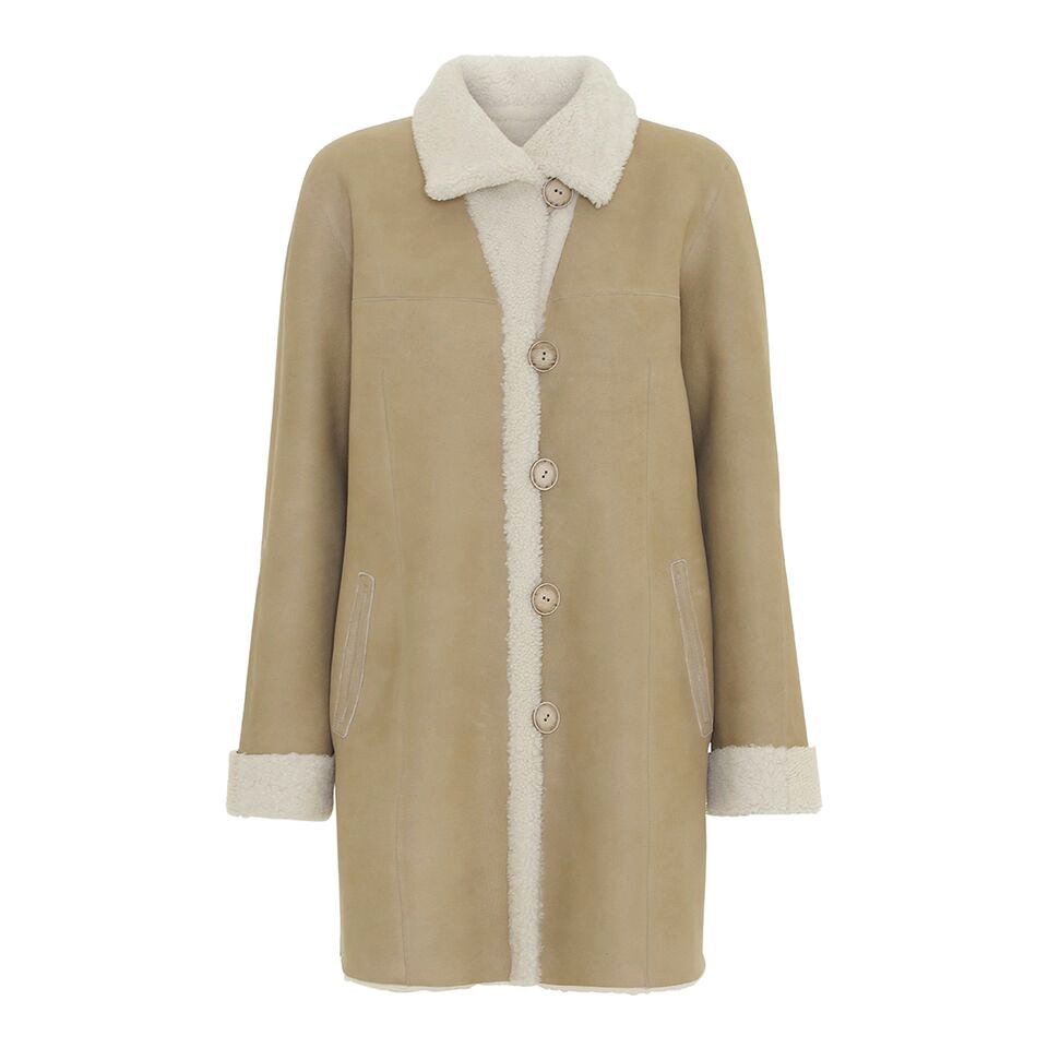 Beige rulamsfrakke vendbar