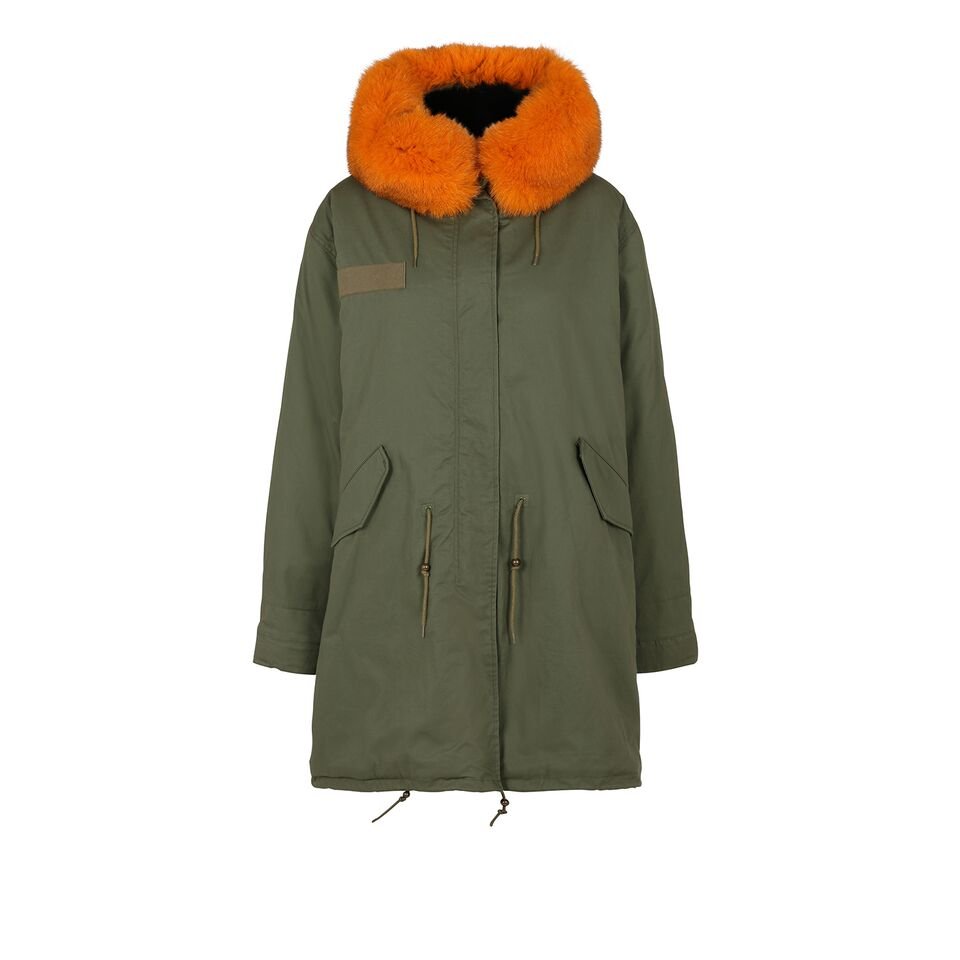 Fishtail-parkajakke grøn med orange krave